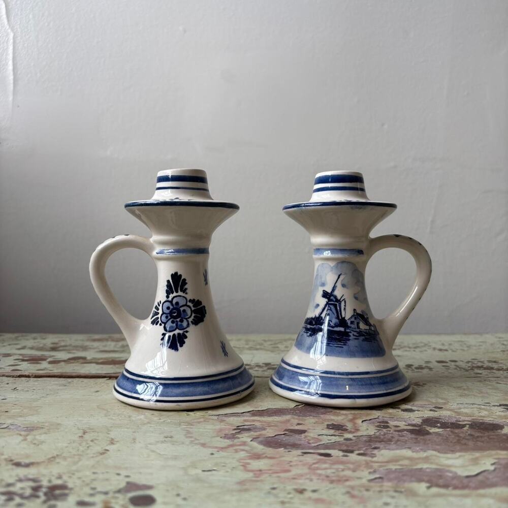 Vintage Set of Two Delfts Blue Candleholders Holland Hand Painted
